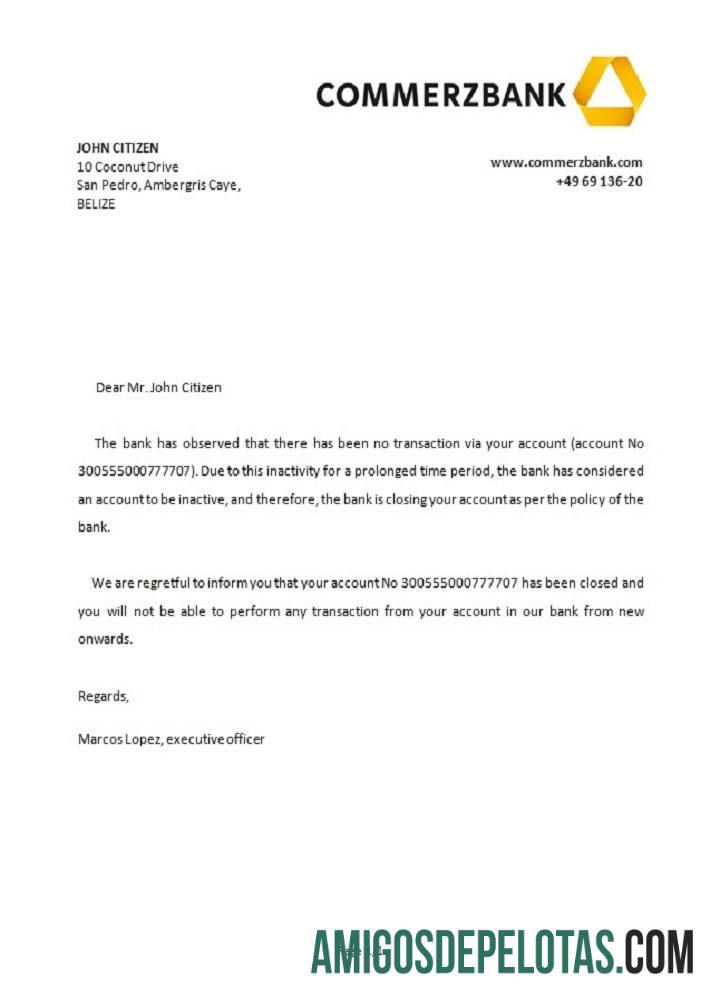 Referência de fechamento do Commerzbank em Belize amostra